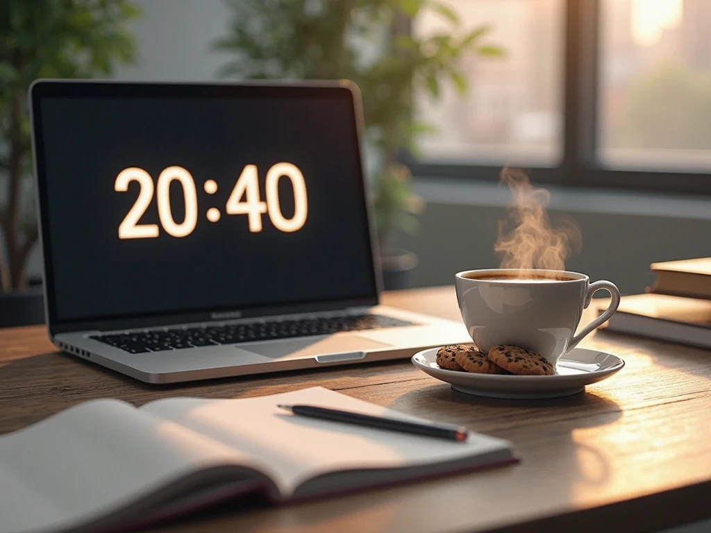 An elegant desk with an open laptop, a steaming cup of coffee , some cookies and a notebook with a pen, with soft light and a professional environment. The laptop has an image that says "20 min "