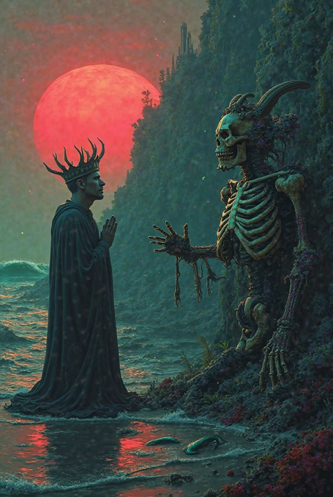 Art deco masterpiece, alpha male, at night, cemetery, flowers, skull, nightmare, candles, intricately detailed, sharp focus, extremely detailed, dark fantasy, glowing, colorful painting, rich color, HDR, octane render, digital illustration, cinematic light, art by [ Sachin Teng, Alphonse Mucha, Jean Dupas, Eugène Grasset ]