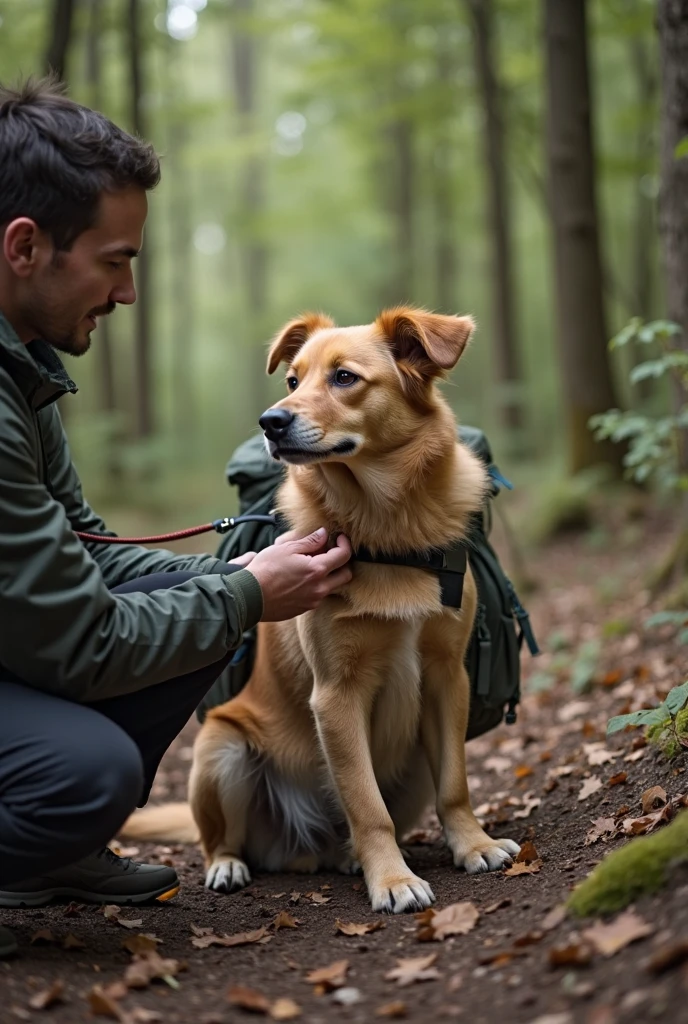 someone petting a dog in the woods with a backpack, sitting in the forrest, resting after a hard mission, paws firm to the ground, in forest, in the forest, in deep forest hungle, holding paws, enjoying a stroll in the forest, walking around in a forest, in deep forest, walking around in forest, in a forest