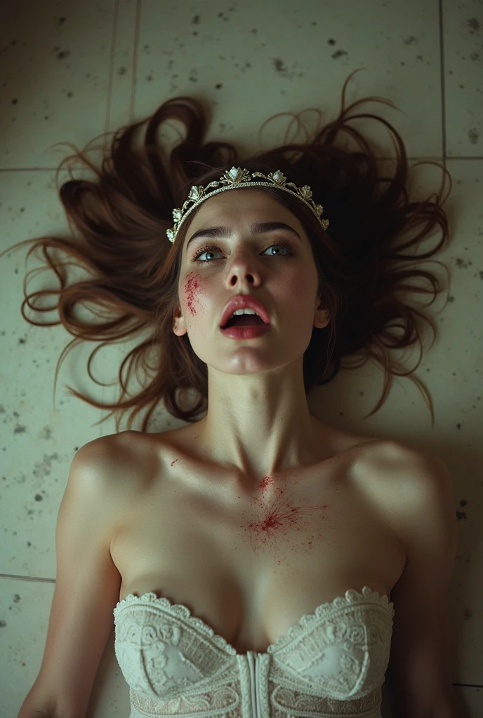 arafed woman with blood on her face and a crown on her head, bloody face, blood dripping down the head, blood seeping from eyes, horror photo, blood on clothes and face, blood dripping from eyes, so happy that her face hurts, pale woman covered with blood, very scary photo, hands shielding face, bloody eyes, cursed photography