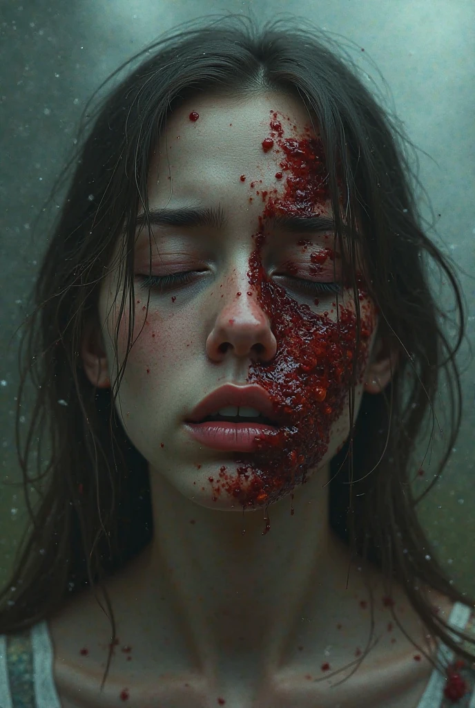 Portrait of a girl with highly detailed skin with roughness there is air around the photo instead her eyes - capsuled glass with liquid of catchup, one eye is crashed and tomatoes liquid is down, Canon 6D Mark, 16K --q 2    --s 750 --v 5