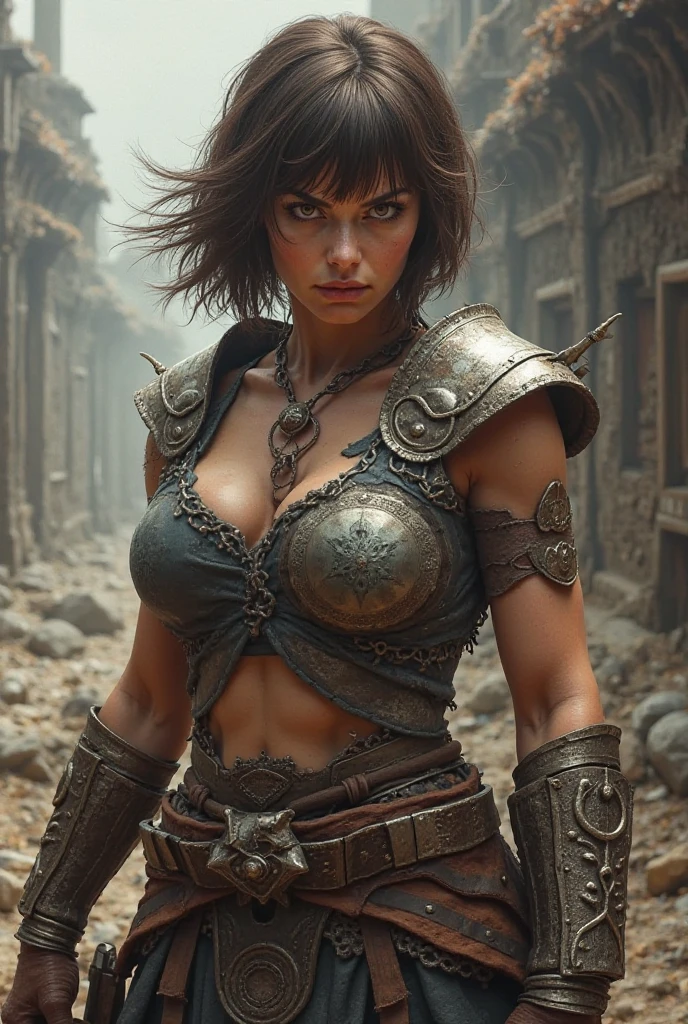 ((masterpiece、highest quality、genuine、Super detailed、High resolution、realistic、sharp focus、cinematic lighting))、Portrait of a gorgeous european woman、23 years old、bright reddish-brown hair、wear armor、have a weapon、Future warrior in a dystopian world、Combines beauty and harshness、survivalist environment、perfect anatomy、perfect eyes、perfect hands、perfect body、perfect hair、perfect breasts、anatomically correct、rough skin、looking at the viewer、Rusty 4RMOR, sultry look, seductive,