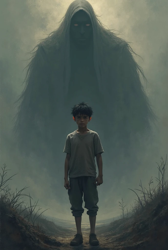 MAKE A PHOTO A BOY SATNDING IN A ROAD AND A EVIL SHADOW FLOWING HIM