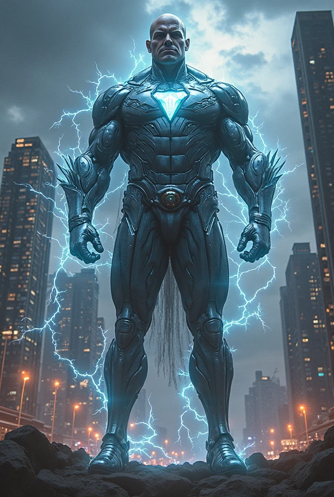 black humanoid made of stone, torso, nude, male, ((masterpiece, best quality)),(((eyes emitting blue light))), cracked asphalt texture, (white electricity intricate to details) (skin detail emitting electricity), muscular male, (dragonborn: 0.6), white hair, outdoors, detailed background