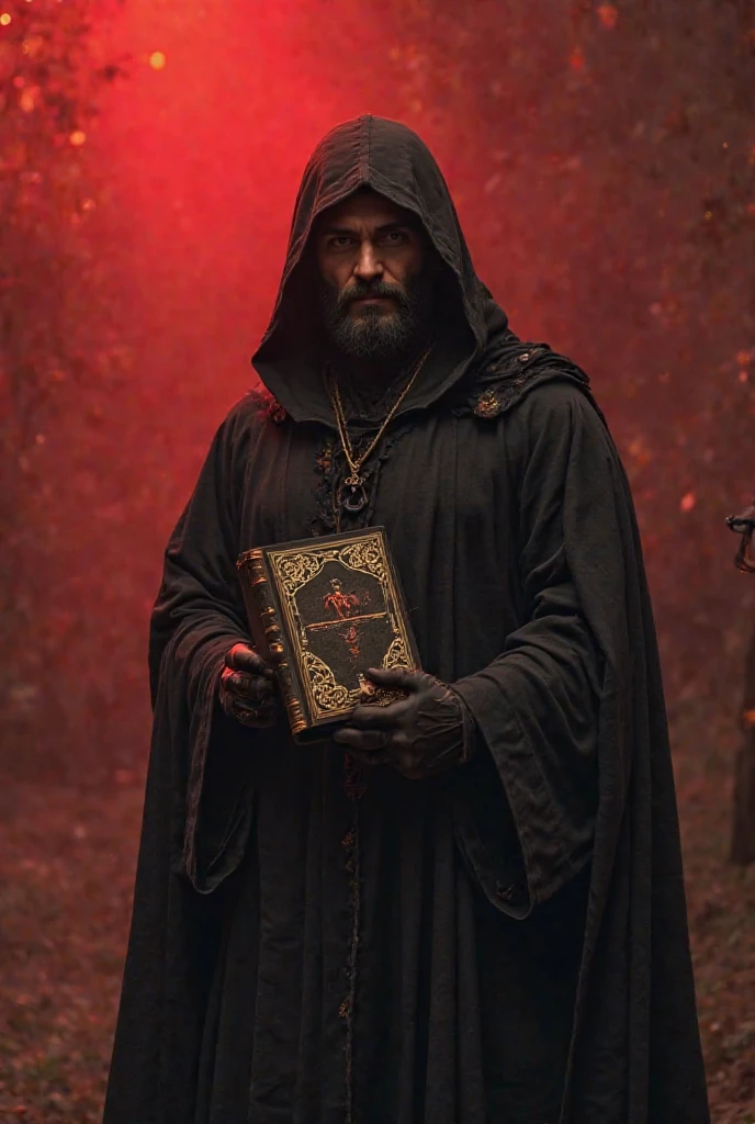 Image of a spell book  , dark and brown colour book  , type black magic and normal magic book , wizards book , book is locked with a book lock  , title of the book is "libro del mondo oscuro" in dark red letters,  forest backgorund with dark balck clouds in the sky , book is kept inside of an old hut , around the book people wearing black robe standing near it 