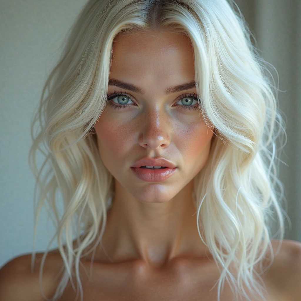 A Russian girl with a perverted and playful face looking at the camera. head on. With a transparent dress that shows off her breasts and nipples. White hair