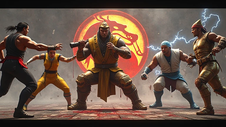  "Por favor, create a classic &#39;Mortal Kombat 3&#39; poster. On the poster, include iconic elements like the dragon logo, forest scenery, include in the montage main characters such as Liu Kang oriental shirtless with a red stripe on his forehead and red pants kung fu style pose,Sub-Zero ninja without mask with red stripe on his face preparing ice with his hands, Yellow and black scorpion ninja throwing a chain,sonia blade blonde with tied hair green top and green and black pants , police striker pointing a pistol with a black leather cap,sonia. The background should have dark and sinister tones., with sparks and lightning effects. The visual style should be reminiscent of semi-realistic 90s art, with vibrant colors and a touch of pixel art."