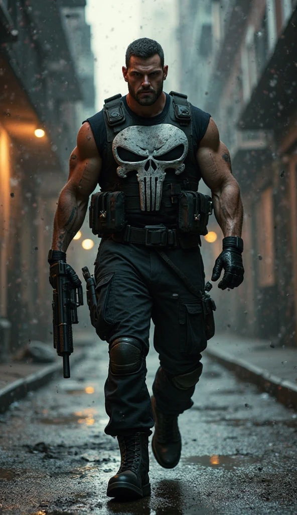 Jon Bernthal, vigilante, Marvel, military suit, skull on shirt, holding a machine gun, smoking cigarettes.