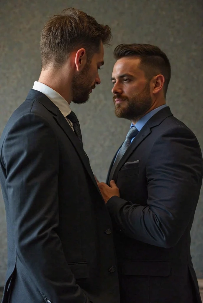 Award-winning original photos,2men, a wild muscular man and a tall chubby man, (40 years old daddy:1.1), beards, burly, hunk, (office suits), one man wearing glasses, kissing passionately while leaning to a wall, detailed, lovely, faces closeup, upper body shot, from the side