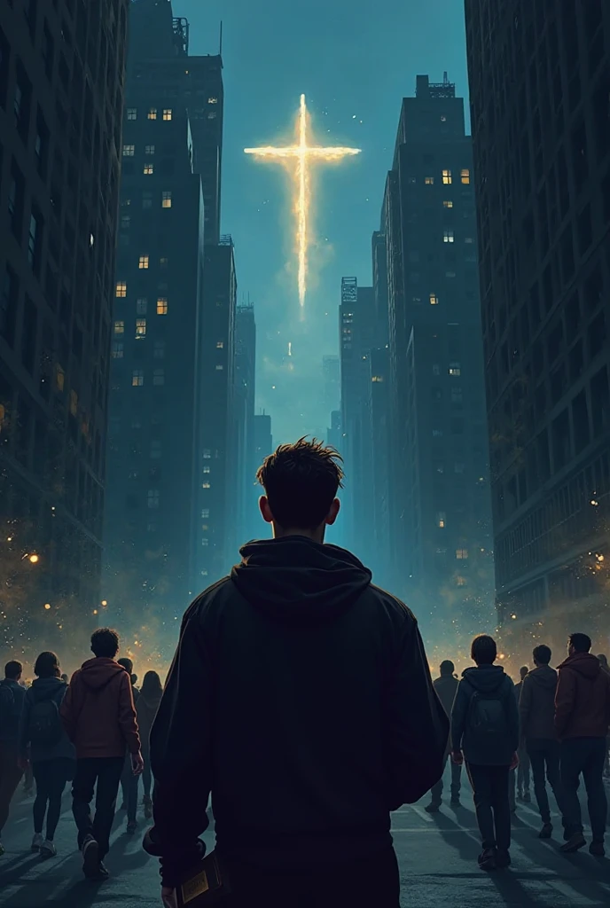A boy is holding a cross in his hand, which glows white in the dark, he is walking on the street in the megapolis, there are many people around, some of these people have eyes instead of themselves, some have ears and some have mouths instead of themselves, everyone is looking at this boy