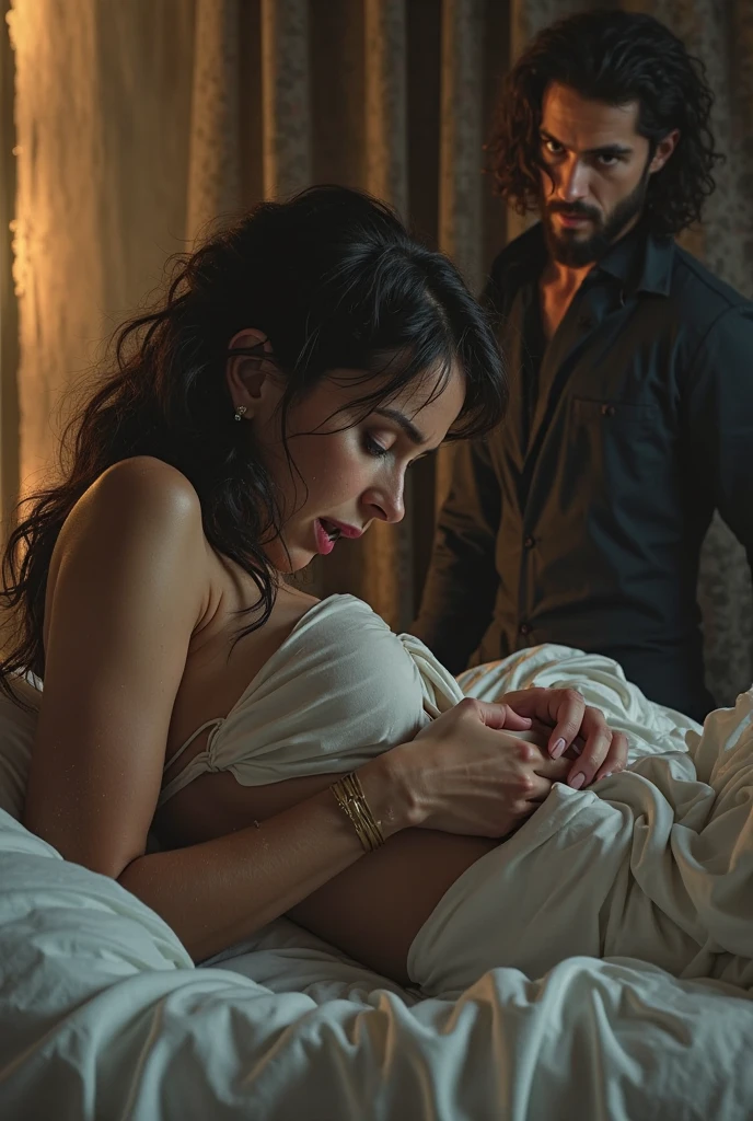 The man in his 45s with black very short hair and smooth face with moustache. The woman in her 45s with brown wavy long hair. The man is naked. The woman is wearing a black satin nightgown. Sex. Orgasm. Passion. Erotic. Night. Dim and dark environment. UHD. HDR. Cinematic.