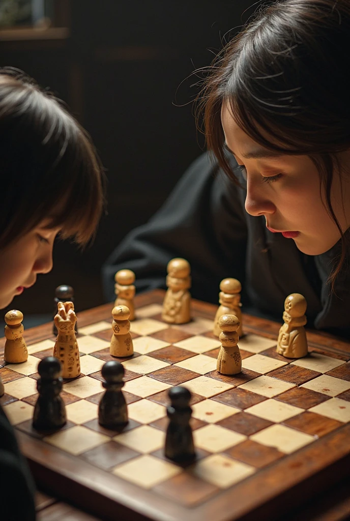 A stunning and oil painting of two young beautiful Korean girl, age 16-18, beautifully portrayed with a tensed and melancholic expression are locked in a tense chess match. The chessboard between them is a battlefield of strategic maneuvers and calculated risks. Each move is deliberate, their fingers lightly brushing the pieces as they consider their next strategy. The only sounds are the soft clinks of chess pieces and the occasional murmur of contemplation, as both players remain deeply focused on the game, there are other matches going on in the background. the background is little blur. The atmosphere is charged with concentration and quiet intensity.. wide angle, adding to the sense of unease. The painting exhibits a real-like, impressionistic style, with visible brush strokes that create a sense of depth and texture. The color palette primarily consists of warm tone, grays, and blacks, evoking a light atmosphere.
