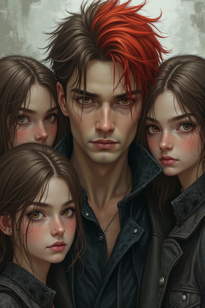masterpiece, best quality, highres, 1girl, solo, modern vampire, red hair girl, long hair, open hair, red eyes, evil smile, 2 young boys on her both sides, both vampires with red hair, red and black outfit, scary background