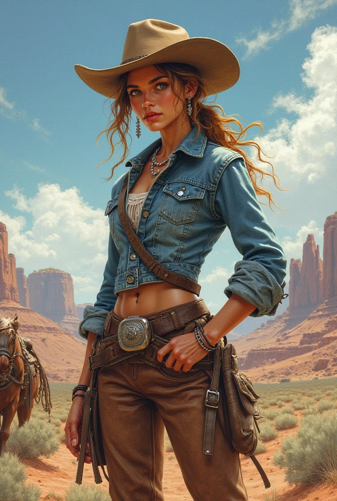 A beautiful woman exudes confidence as she dons a cowboy hat and dons stylish cowgirl attire. Her ensemble captures the essence of the Wild West with a touch of modern flair. The illustrative style draws inspiration from the bold and vibrant works of Charles Marion Russell, known for his Western art. The color palette combines earthy tones with pops of vivid colors, reflecting the rugged yet lively spirit of the cowboy culture. The camera angle captures the woman's strong and alluring presence, showcasing her as a modern-day cowgirl with a hint of nostalgia.