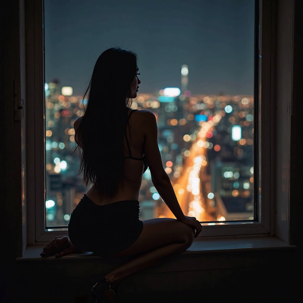(Close up:1.6), Legs crossed, arms on head, This is a candid, analog film photograph, taken at night, of a woman standing in front of a large window and aimlessly looking through the window at the view of the city from her apartment. She's wearing a loose t-shirt and G-string underwear. casting shadow style, ISO 200 faded film, 35mm photo, grainy, vignette, vintage, Kodachrome, Lomography, stained, highly detailed, found footage