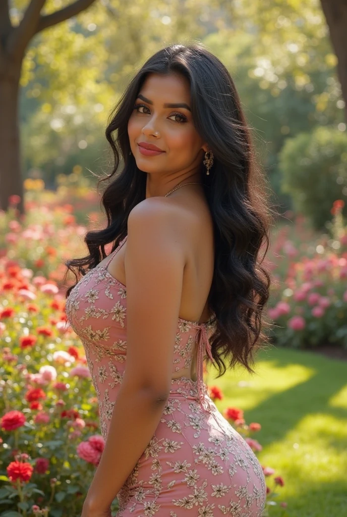 (masterpiece portrait photography:1.4) of a alluring ravishing curvy Nazriya Nazim, posing in a garden , wearing beautiful, wearing strappy vintage ornate mindress, ornate royal garden, (long flowing wavy backlit hair:1.2), fair radiant skin, vivacious, lustful glance, exhilarated (captivating kohl lined eyes:1.1) , (seductive smile:1.3) soft dramatic lighting, falling petals and flowers bokeh, key lighting, backlit, light rays, highly detailed, trending on artstation, paint splashes, rich colour, wind all around, abstract portrait, by Ron hicks