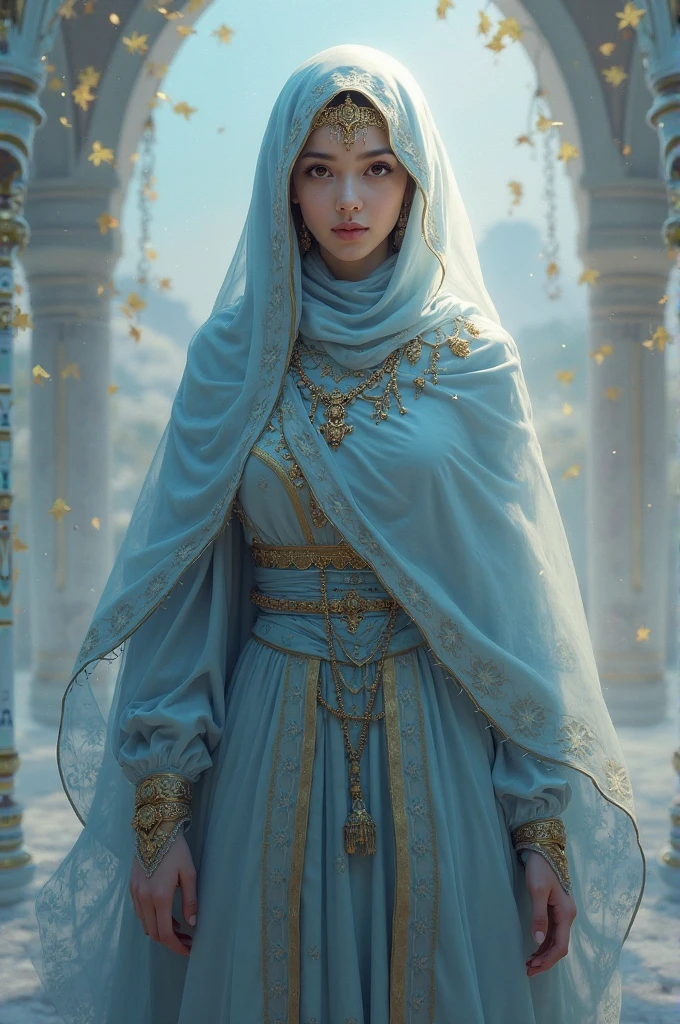 in a panoramic view,photorealestic,8K,Arabic style,golden hues,with blue sky and white clouds,Desert oasis,A market outside the luxury Arabic tent cluster,2 Arab slave girls,Wear a translucent traditional Arabian burqa,Arabic hijab,The Arabian veil is masked,Bind your hands,bound waist,anklet,sat on the ground,Eyes seductive,Masks, Masks,Gorgeously dressed,A noblewoman in a lavish Arabian burqa,See them up close,All masked,Perfectcomposition,professinal,Meistwick,commissioned,best qualtiy,color corrected,After fixation,Retouching,Improvement,Epic,Tone-mapping,the detail, highly detailed, digitial painting, art stations, Conceptual map of the long dam, Smoothness, Sharp focus, Beautiful illustration, photore, The light from the back window is backlighted, 动态照明, Mist, 复杂, cinematic grain, professinal, face to the viewer,(Beautiful m3d_woman, Perfect M3D_face,), Volumetriclighting, subsurfacescattering, Good highlights, Good shadows, cinematic ligh
