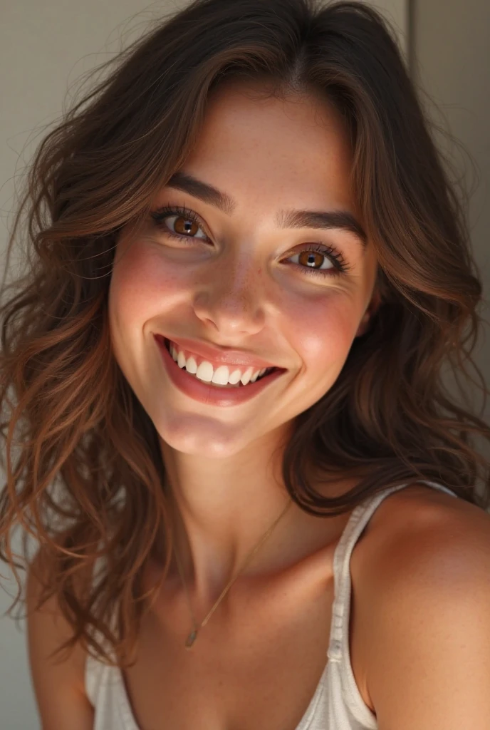 Create a realistic portrait of a curly-haired, brown-eyed brunette woman smiling