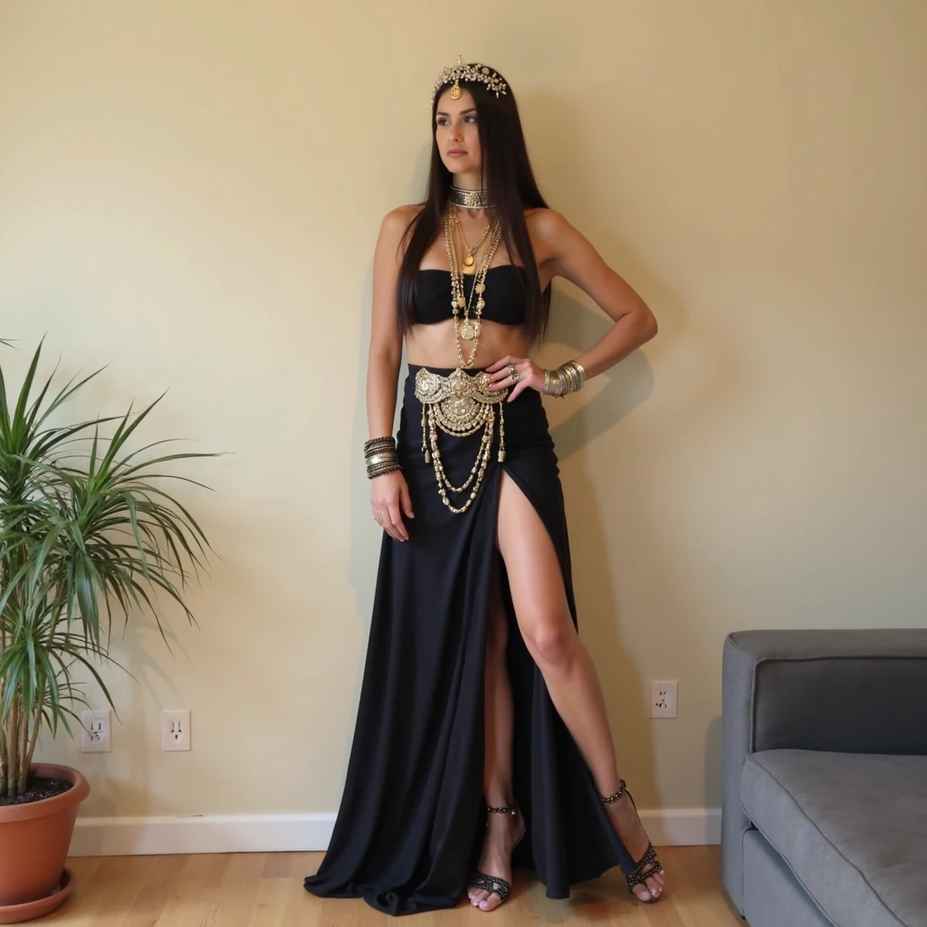 un primer plano de una mujer con un vestido negro, fancy suit, Dark Gothic Queen, Traje intrincado, Cadena de metal y capa negra, Hermosa y elegante reina demonio, Diosa oscura con seis brazos, Ornate gothic dress, vestido sexy, Intrigante atuendo, very beautiful goth top model, Diosa de la Muerte, Hermosa chica nigromante, Ella es la reina de las rosas negras, tetas medianas, escote (textura de la piel:1.1), La mejor calidad, ultra-high-resolution, Foto RAW, Nikon D850, Luz de fondo, Luz de llanta, luz solar brillante, Film grain:1.2, (warm hue, warm hue:1.2), (Foto en color),