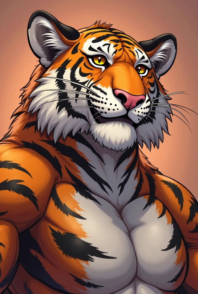 Ultra-detailed, a striking full-size portrait of a tiger anthropomorph, showcasing a lush, golden tiger fur, adorned with subtle stripes that cascade down the figure's muscular and toned physique. This breathtaking artwork displays the painted tiger's eyes glowing with an intense, captivating gaze, set against a backdrop of a tiger's den, exuding a sense of power and majesty.
The striking tiger furry's sculpted body is displayed in a provocative yet tasteful manner, showcasing its full figure while maintaining a Furry/SFW aesthetic. The art incorporates intricate details