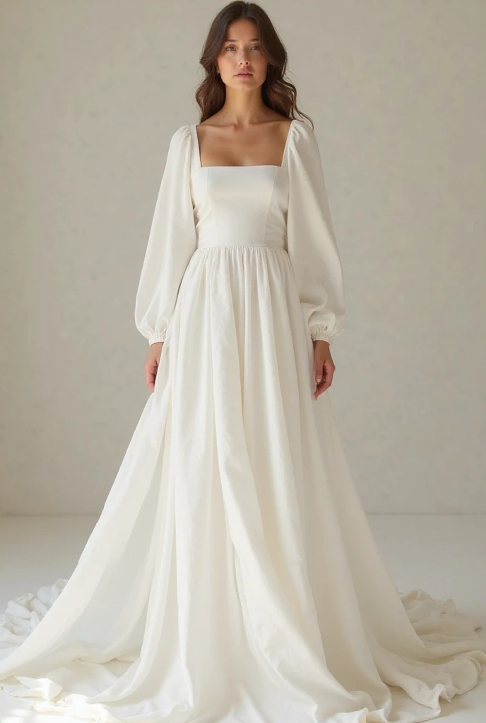 Best quality, 8k, 32k, Masterpiece, Masterpiece, (Photorealistic: 1.4), RAW photo, ultra realistic, 1girl, Fashion model, Wearing a long sleeves wedding dress, satin fabric, full length view, pose Stand upright in white room with a minimalist design, featuring white walls and a clean, modern aesthetic.