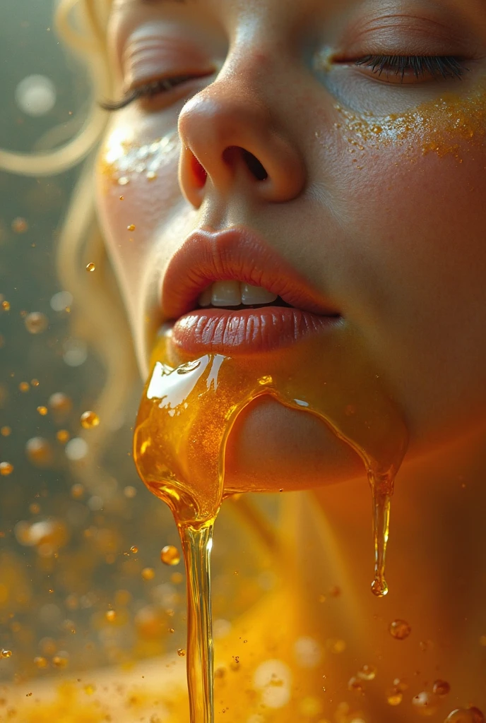 (best quality, masterpiece) high resolution illustration of a young woman covered in sticky natural honey, yellow, syrup, oversized sweater, comfy, cozy, close-up shot, detailed texture, delicious aroma, flavorful sensation, warm and appetizing,