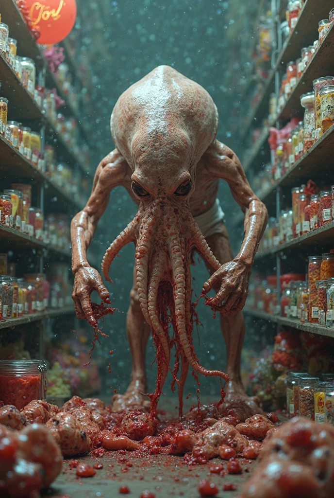 In a dimly lit refrigerator, a monster made of rotting vegetables and moldy bread hides with glowing eyes and writhing tendrils. It is slimy in texture and somewhat humanoid in shape. Rotting food is scattered around it. It is an eerie and disturbing sight. However, the colors and patterns are as frightening as a picture book, yet it tickles one's curiosity and engages one's attention.