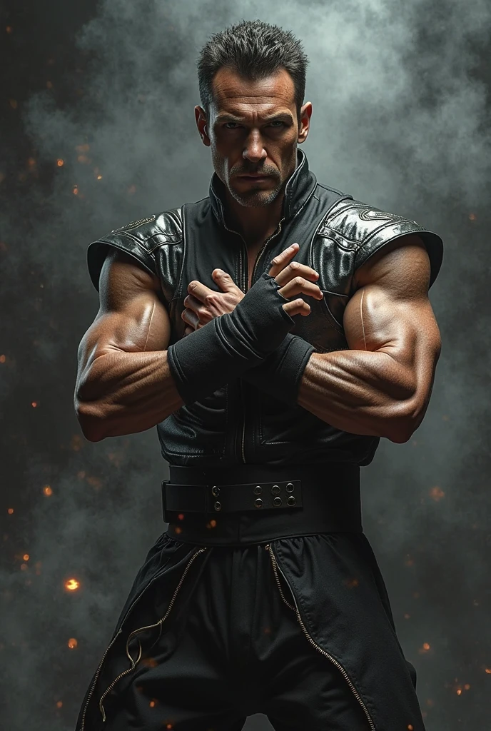 Create an innovative outfit for a male singer .That gives the impression of a sexy and powerful man.Someone imposing. Clothing designed for a covered torso and novel details on the pants