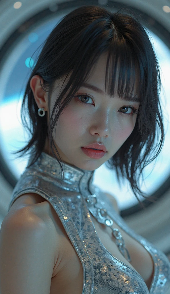 (detailed sci-fi scene:1.2), style of glitter and chrome, Cinematic photography, a cute girl, 2, short silver hair, (showing deep cleavage), (tanned oily skin), glossy skin, ((cute face)), Porta 160 color, shot on ARRI ALEXA 65, bokeh lights, sharp focus on subject, highest details, photorealistic, high background details,high face details, action atmosphere, godrays, 8k, raytracing, ((detailed dramatic background)), (sexy school uniform), open shirt, photography, ultra-realistic, oily skin, sweat, shiny skin, dynamic pose, flirting, seducing, moaning, ahegao, kawaii, dramatic scene, dramatic lighting, color graded, dynamic angle, glitter and chrome,