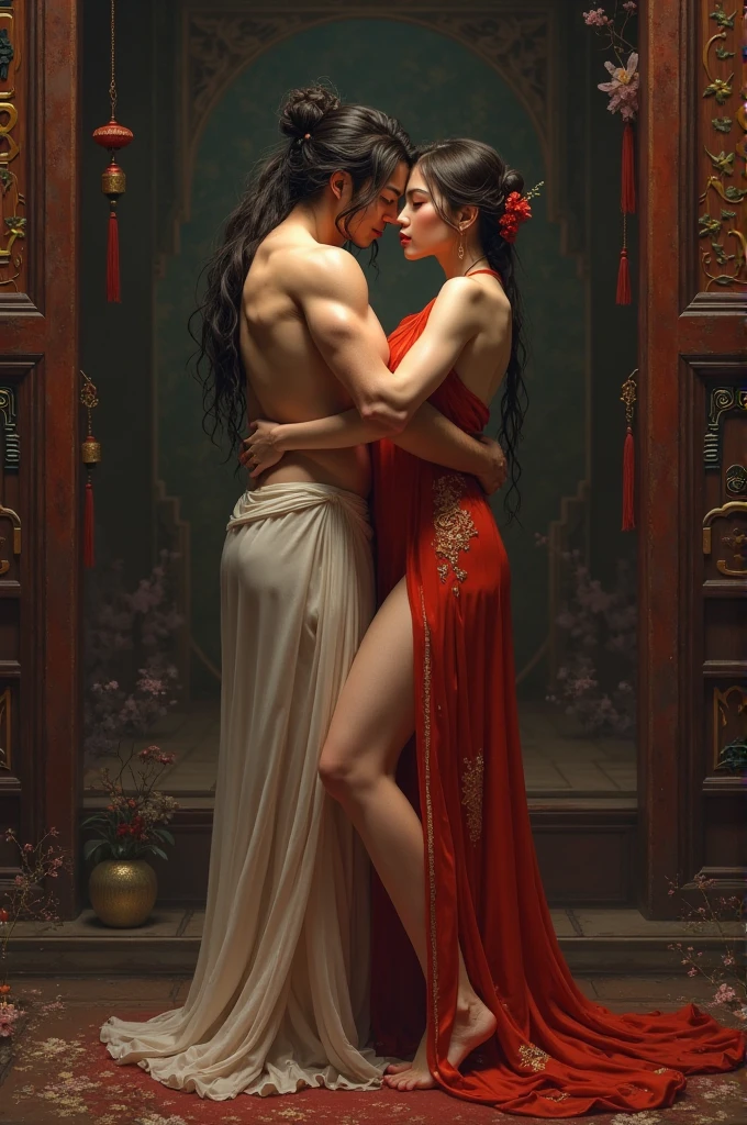 A boy and a girl are making love naked in each other's arms in a red coloured saree. The girl's body is very attractive, her buttocks are quite big and round in shape, her waist is thin and delicate.
