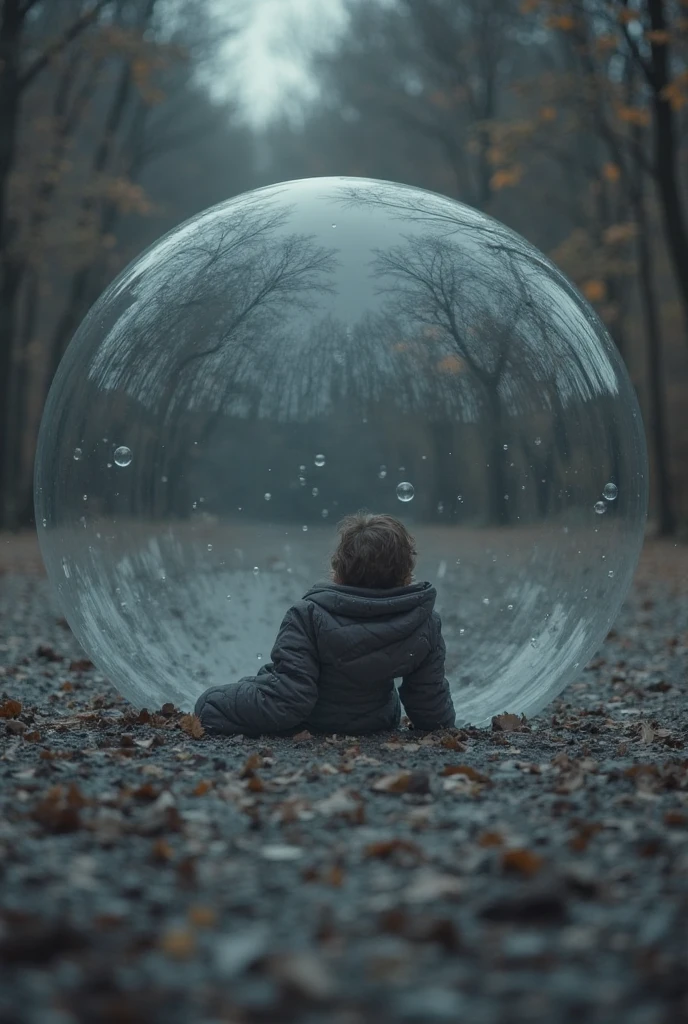 A sad blonde girl child kneeling is totally inside of a big glass sphere