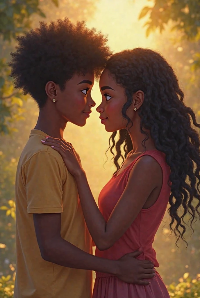 1 girl with long dark wavy hair, brown skin, dark eyes, Latino features, wearing a purple teenage dress and 1 white boy with blond hair, brown eyes, wearing a casual white shirt, looking at each other a little further apart