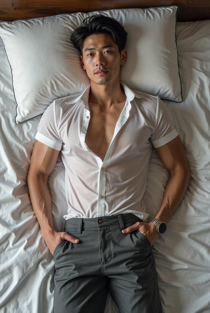 a handsome Indonesian young man is lying on the bed, wearing a torn white shirt, gray cloth trousers, his mouth covered with black duct tape, his hands and feet tied to an iron bed