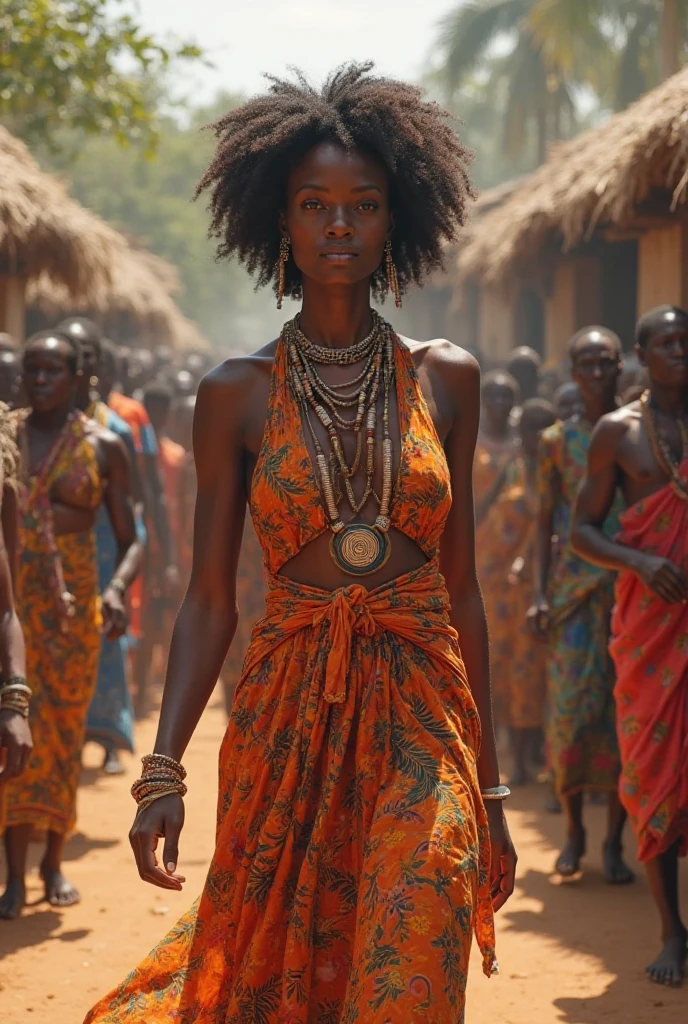Generate an image of a very beautiful curvy dark black African lady in a village setting surrounded by people