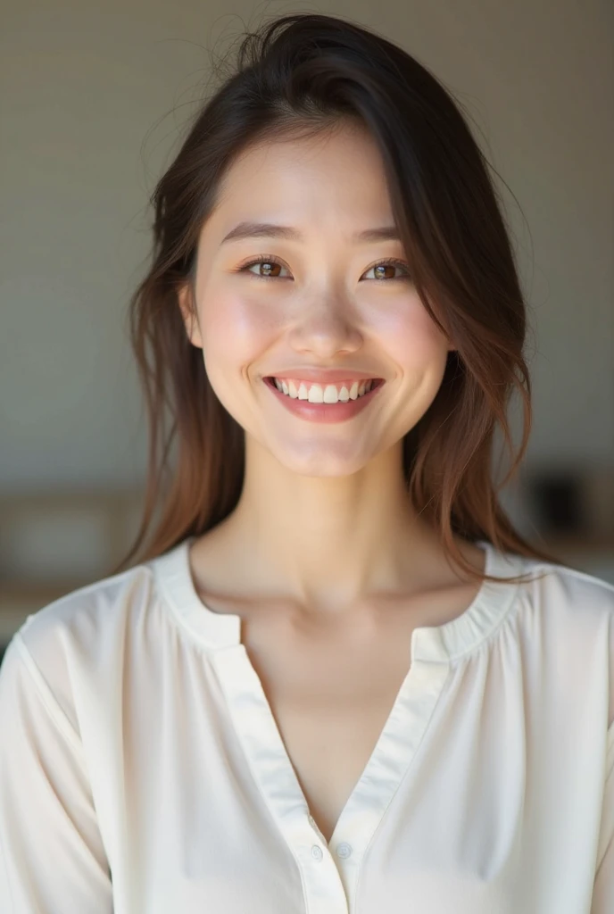 (Highest quality:1.9)、(High resolution)、Live-action image quality、((A neat and clean female college student、1 person))、Soft lighting by a professional photographer、Natural light、((Bright white room:1.6))、Natural soft light、((Brown Hair:1.1))、Fair skin、Detailed eyes、double eyelid、cheeks are slightly plump、((Small face:1.0))、Wearing a T-shirt Live-action image quality、(I don't make bangs:1.8)、((Long hair without bangs:1.5))、((Full Body Shot:1.2))、((height: 150cm))、((Show your forehead:1.8))、