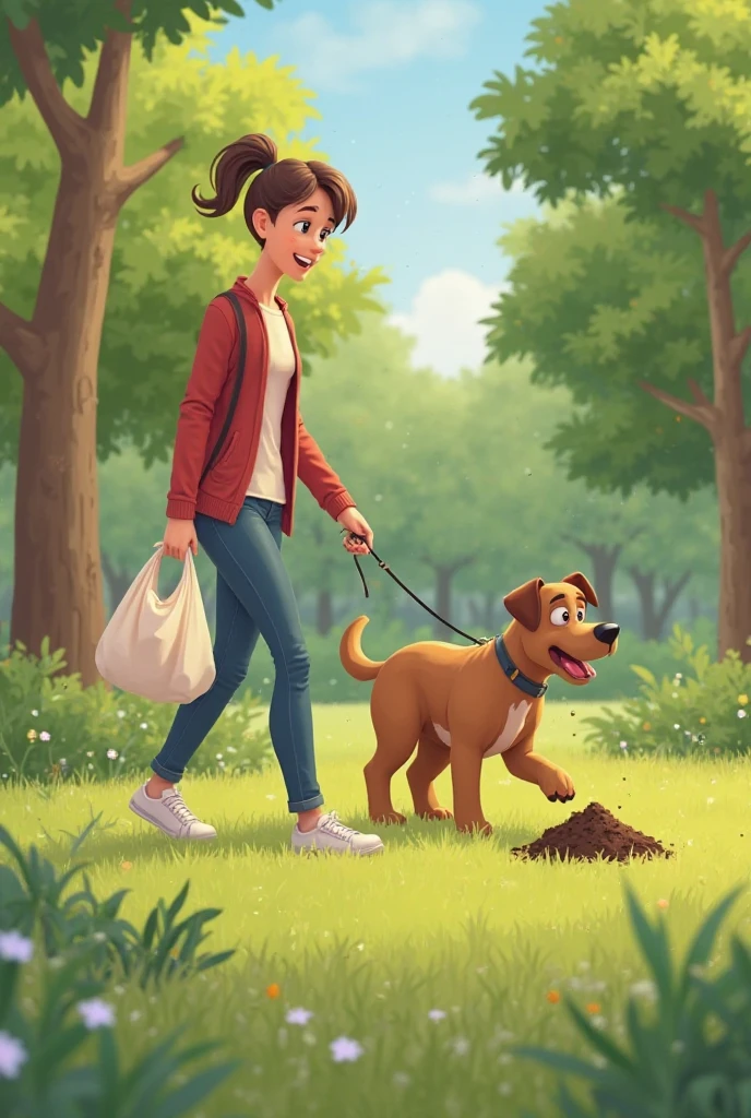 Creates an animation of a person walking their dog in the park, full of green grass, in that, The dog starts to poop and then its owner collects its feces with a plastic bag, Close the bag and deposit it in a cloth bag that the owner has been carrying.