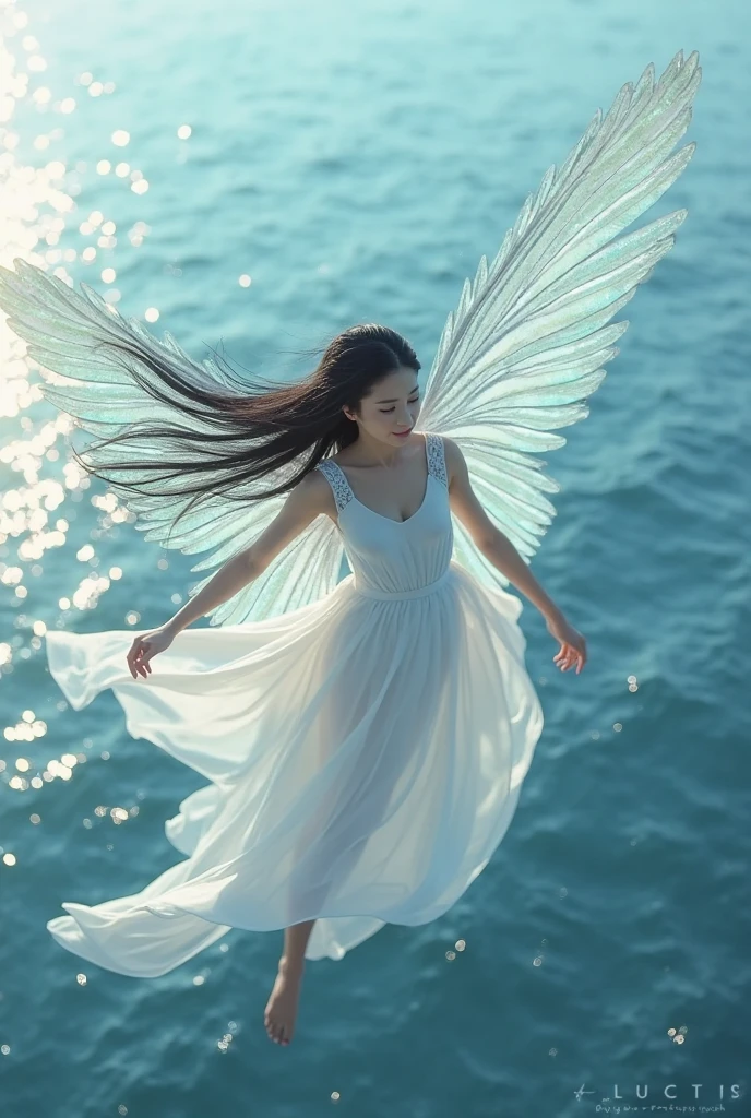 Beautiful Korean,Brown Hair,Short dress, Lying on the ground, whole body,Flying in the sky on a white dragon,Fantastic World,