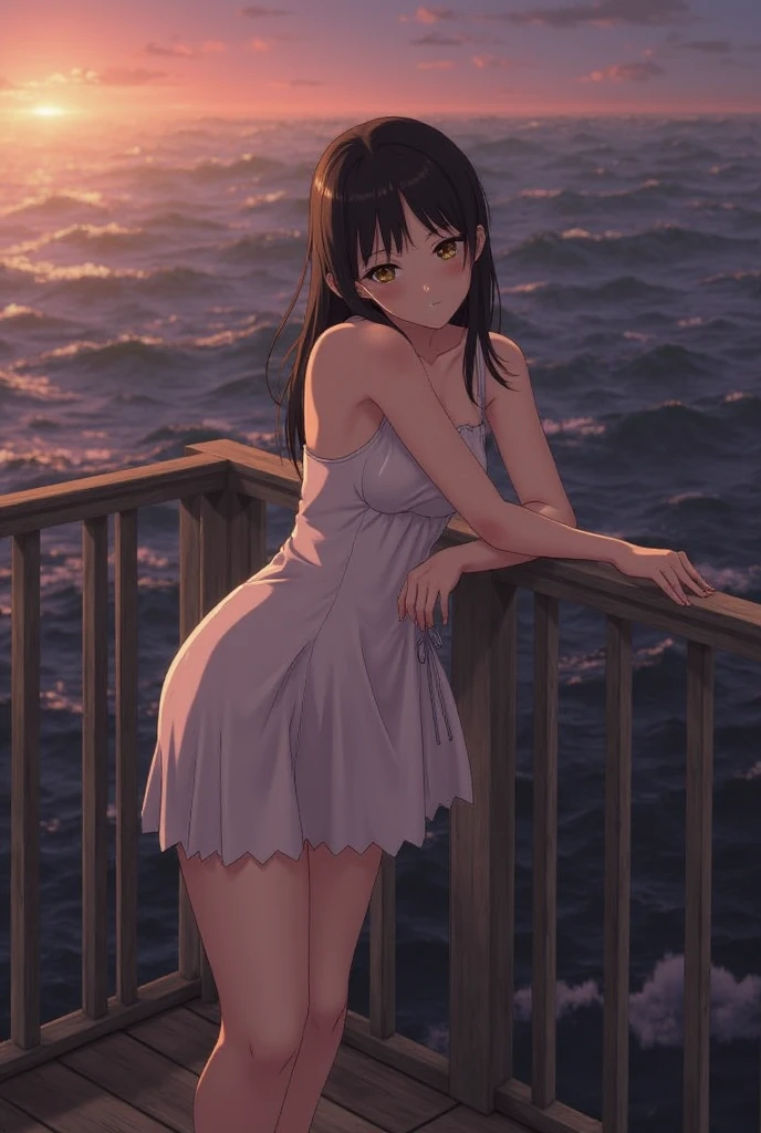 (masterpiece, best quality, extremely detailed CG, beautiful detailed eyes, ultra-detailed, intricate details:1.2), 8k wallpaper, elaborate features,
(1girl, solo:1.4),
(realistic textures:0.8), highres, cute, (vibrant colors, dynamic lighting:1.0), (high contrast:0.8),
(shot hair, black hair:1.3), (small breast:1.4), (cum on breast:1.0), (medium shot:1.2),
cum on body, red kimono, torn,
socks, polka dot bra, open dress,
(grin:1.0),
(Wet panties:0.5),
(pajamas pull:0.5),
top-down bottom-up, zoom layer, (pier:1.6), frown, armpit focus,
(Night Gown:1.4), (,:1.1),
(netorare, torogao:0.9), self fisting,
(compensated molestation:1.4), (nsfw:1.15),
confident expression, (fullbody:1.1),