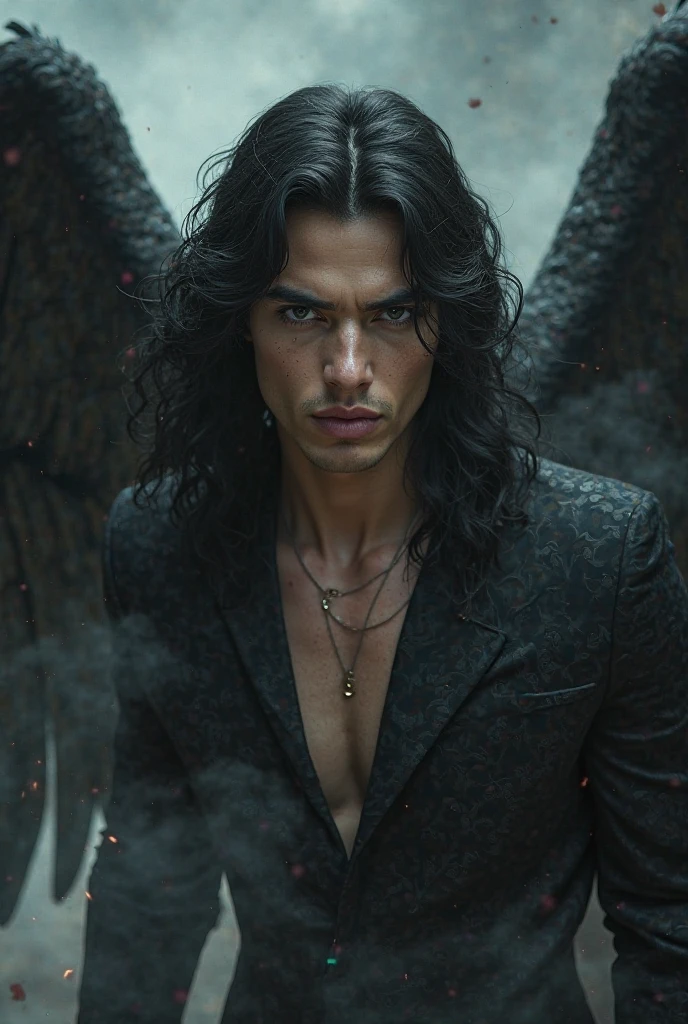 Help me with an image with the following description. He is a man of about 30 years old, of tall and athletic build, measuring about 1.90 meters. His skin is a tanned tone, as if I had spent a lot of time under the sun. He has black hair, reaches up to the shoulders, with a touch of waves that gives it a natural and elegant look. His eyes are a deep blue color, almost hypnotic, with an intensity that reveals his strong character. His facial features are defined, with a defined jaw and high cheekbones. He is bare-chested and has just come out of the shower.. Two bat-like wings protrude from his back.. Despite his neat and sophisticated appearance, There is a hardness in his expression that suggests he is not an easy man to handle.. He is a character from a fantasy book., but i need it to look realistic.