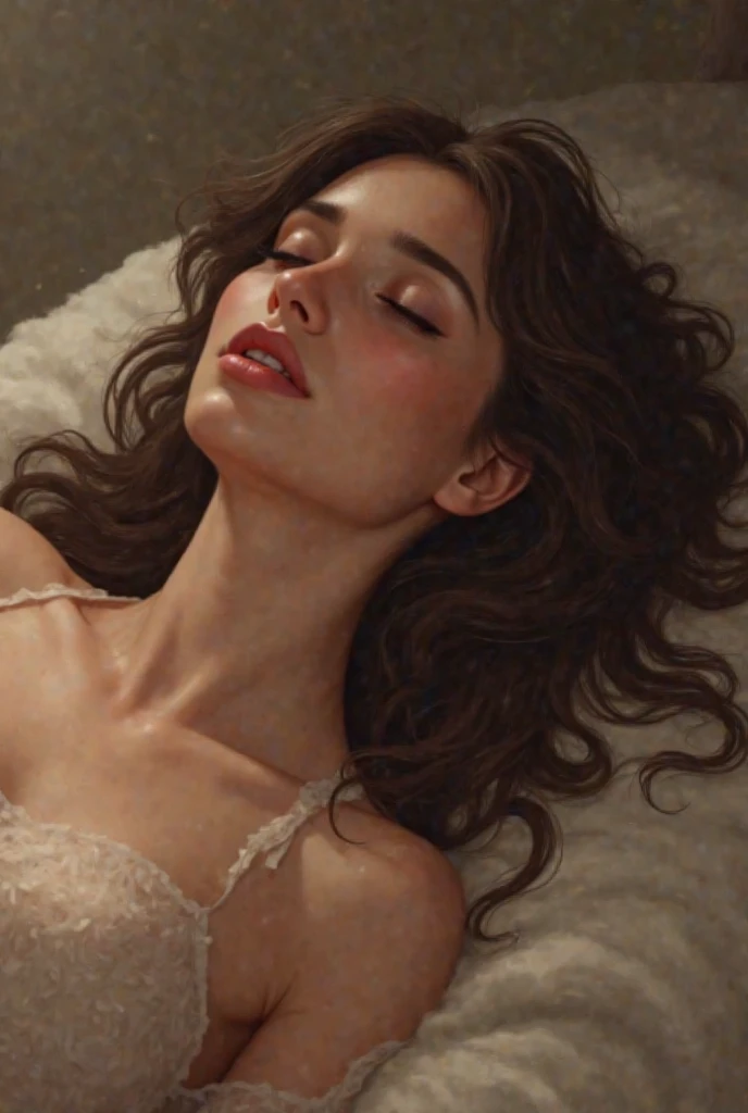 hay una mujer recostada sobre una alfombra blanca y esponjosa con las manos en el pecho, delicate androgynous prince, beautiful androgynous prince, he has short curly brown hair, rizos en la parte superior de su cabeza, pale skin curly blonde hair, inspirado por Austin Osman Spare, androgynous, beautiful androgynous girl, pelo rizado,  jungkook BTS, jungkook bts