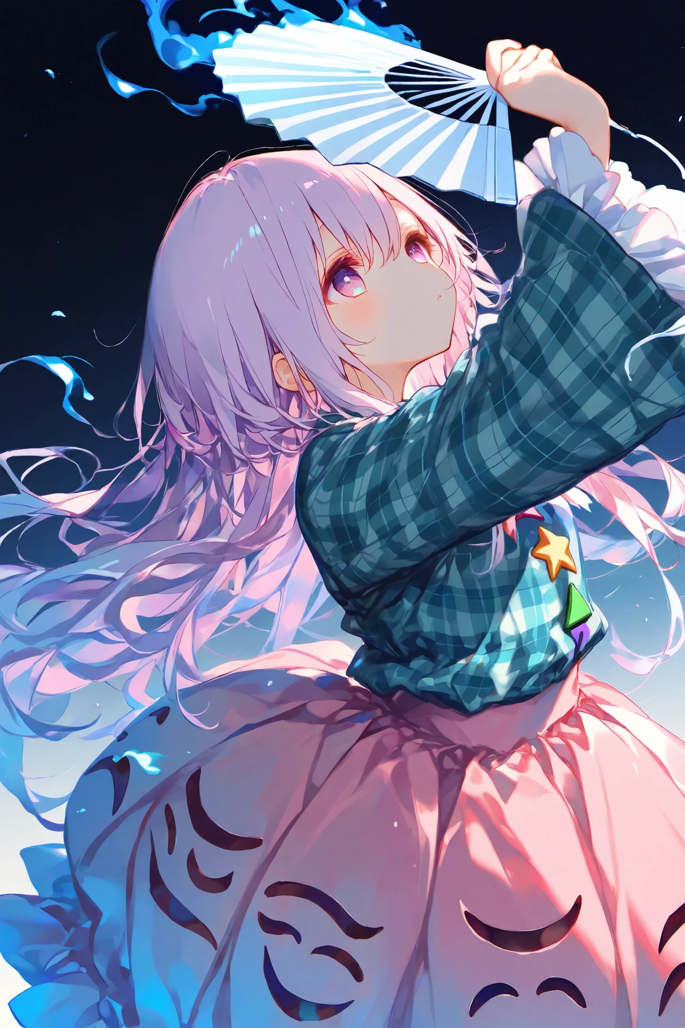 General,AIU,Komeshiro Kasu style,usnr, luisap,masterpiece, best quality, ultra-detailed,1girl\(hata no kokoro,shiny skin\), delicate expression,looking away, holding a fan, dynamic pose, soft lighting, gradient background(pastel blue to pink to purple), Bloom Effect, Particle Effects, soft focus, high resolution, anime style, Gradient, Digital Painting, 8K