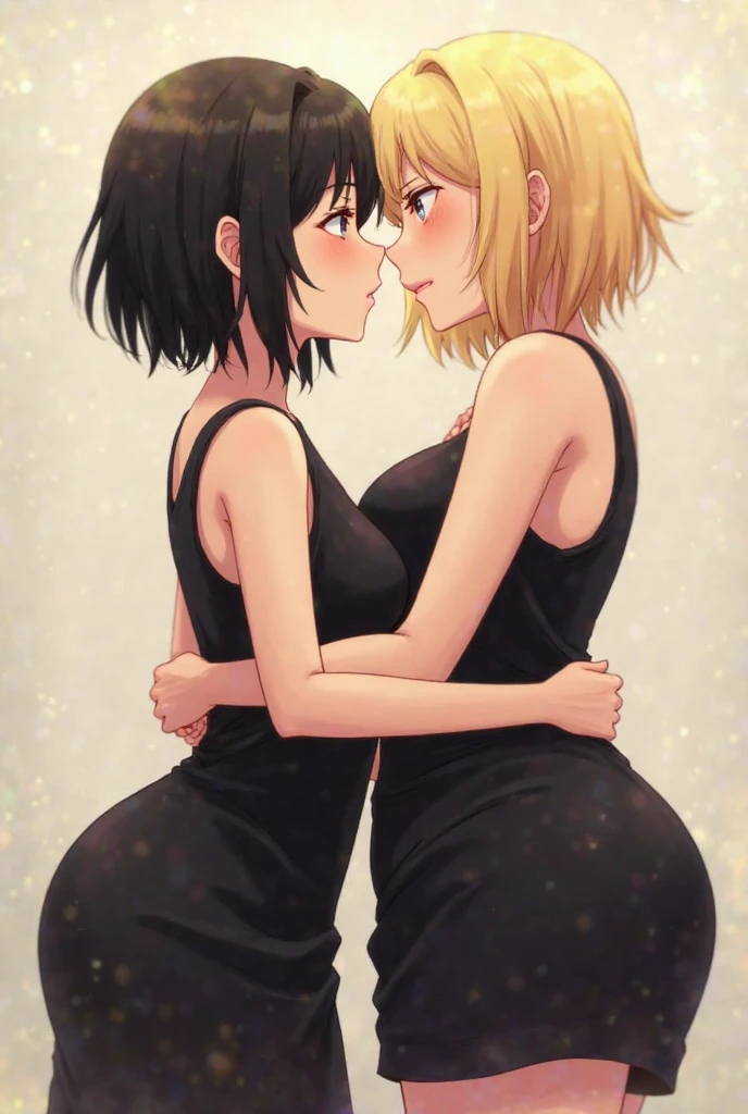 detailed illustration (side view),dynamic angle, ultra-detailed, illustration, 2girls, lesbian kiss, blonde hair, black hair, cheerleader, goth, closed eyes, tattoos, sitting on bed, bedroom, seductive, passion, naked
