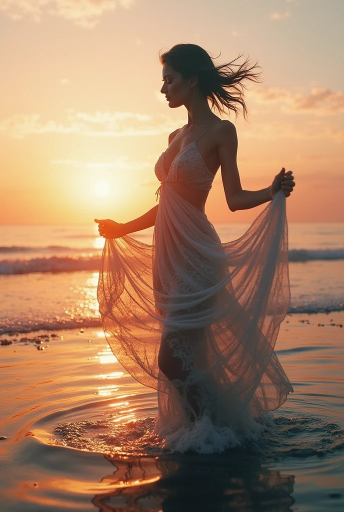 A serene and inspiring cover that captures the essence of faith and tranquility. The background features a calm ocean at sunset, with warm hues of orange, pink, and purple blending harmoniously. In the foreground, a silhouette of a person standing on the shore, arms raised towards the sky in a gesture of worship and surrender. Soft light rays emanate from above, adding a divine touch. The text "Kemuel - Oceanos (Trix & Flix Feat. Shaggy - Like a Superstar Remix)" is elegantly placed at the top, using a gentle, flowing font to convey a sense of peace and reverence. The overall design should evoke a feeling of spiritual connection and uplifting energy.