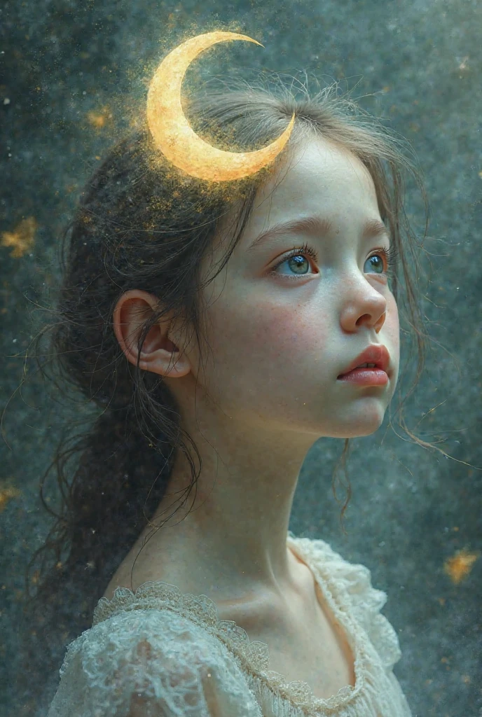 there is a young kids blonde girl har bun portrait standing in front of a moon.