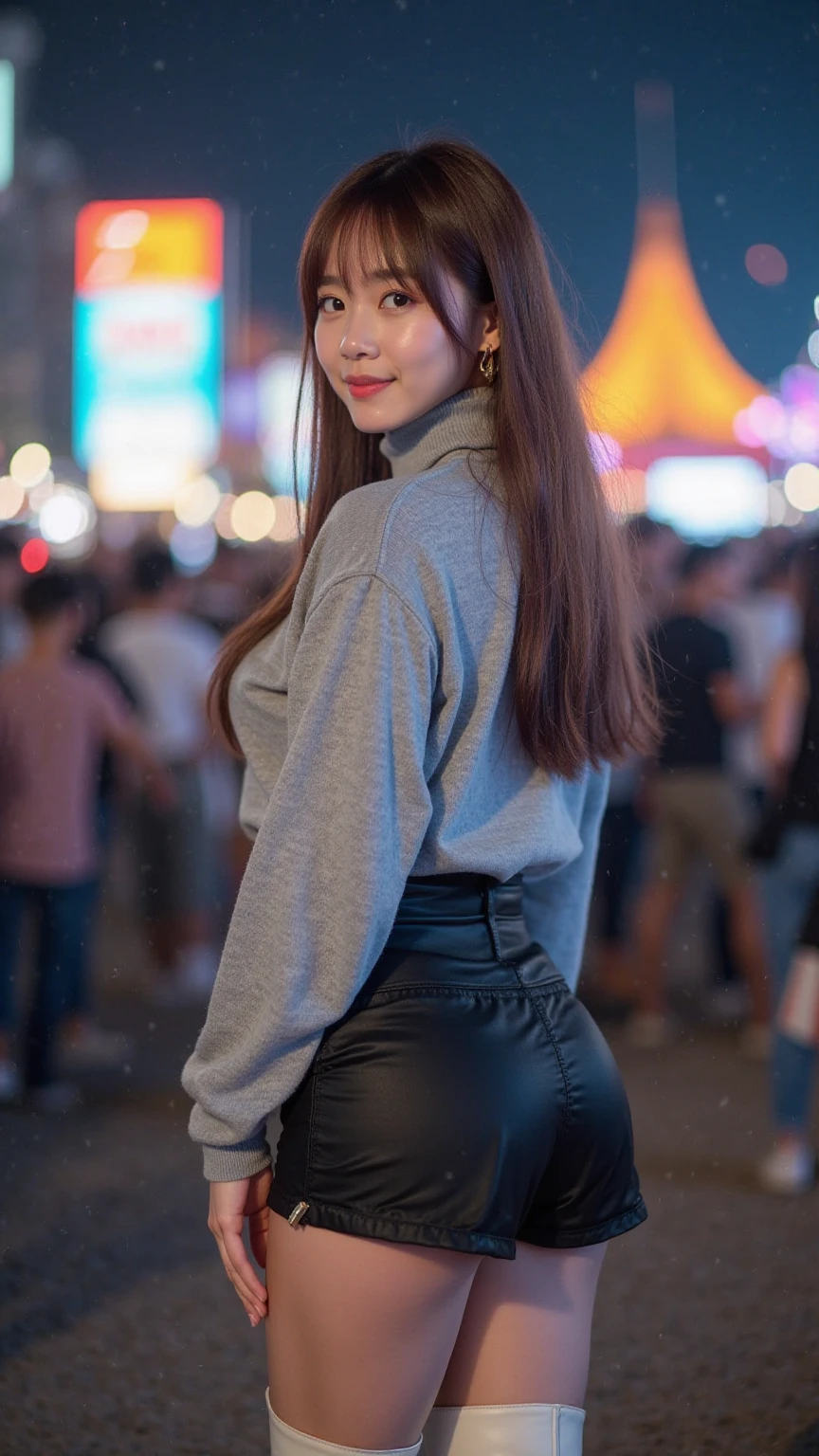 senora, posing seductively for the viewer, standing alone:1, ass pov, beautiful thick thighs,
red light district background, long hair, 3/4 body, V-neck hot mini shorts