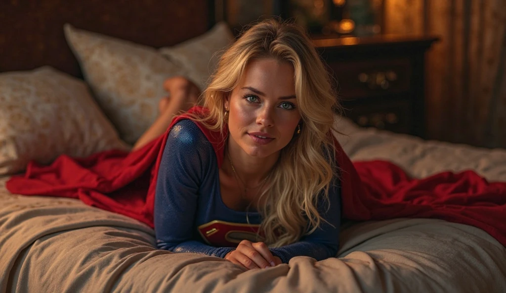MELIISSA BENOIST AS SUPERGIRL IN HER SUPERGIRL COSTUME AND CAPE LEANING OVER HER BED GETTING SPANKED ON HER ASS BY LENA LUTHER.