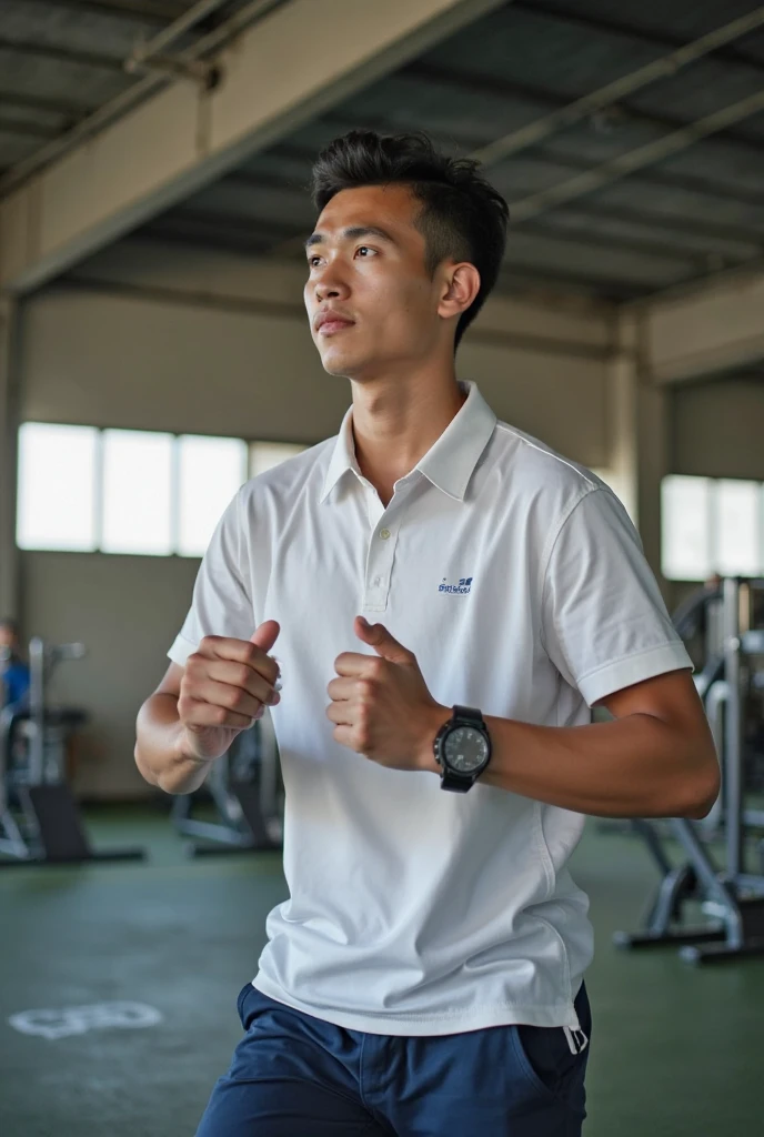 Korean man, Inspiration from Peng Yuyan, 23 years old, Korean muscular man ，The computer room is in the back, tight sports t-shirts, navy blue., open mouth smile