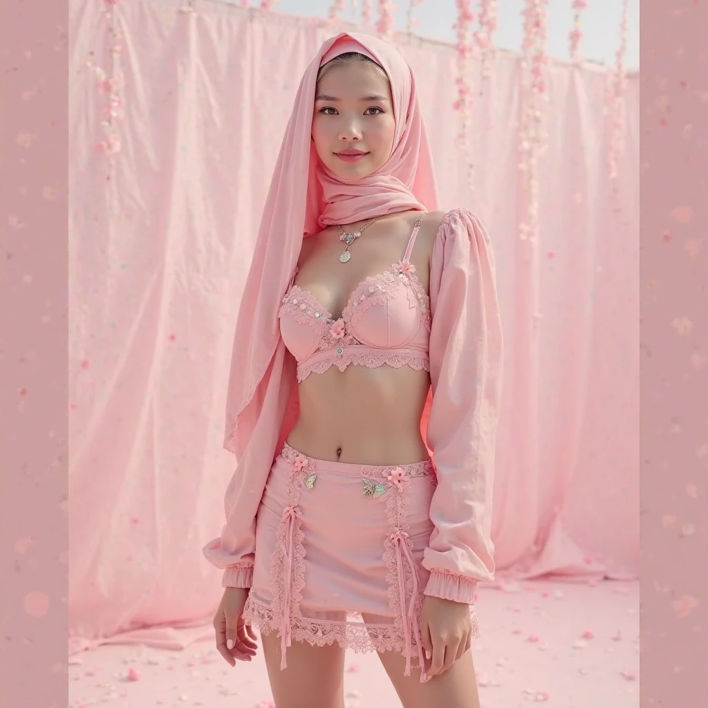 (SHORT HIJAB)), Perfect Beautiful Girl , Baby Face , She is Indonesian , White Skin , Brown Eye , Cleavage , Large Rounded Colossal Breast , Pink Lingerie , Pink Garter Belt , 18 Years Old , Girly , HDR , Extreme Detailed , Look at Viewer , Highly Resolution , Garden Outdoor