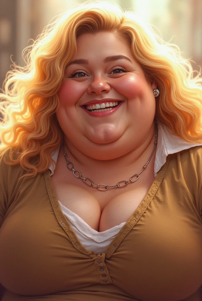 A very fat woman eating too much desperately but happy. She is blonde and has a pretty face. Even so, His face is fat.