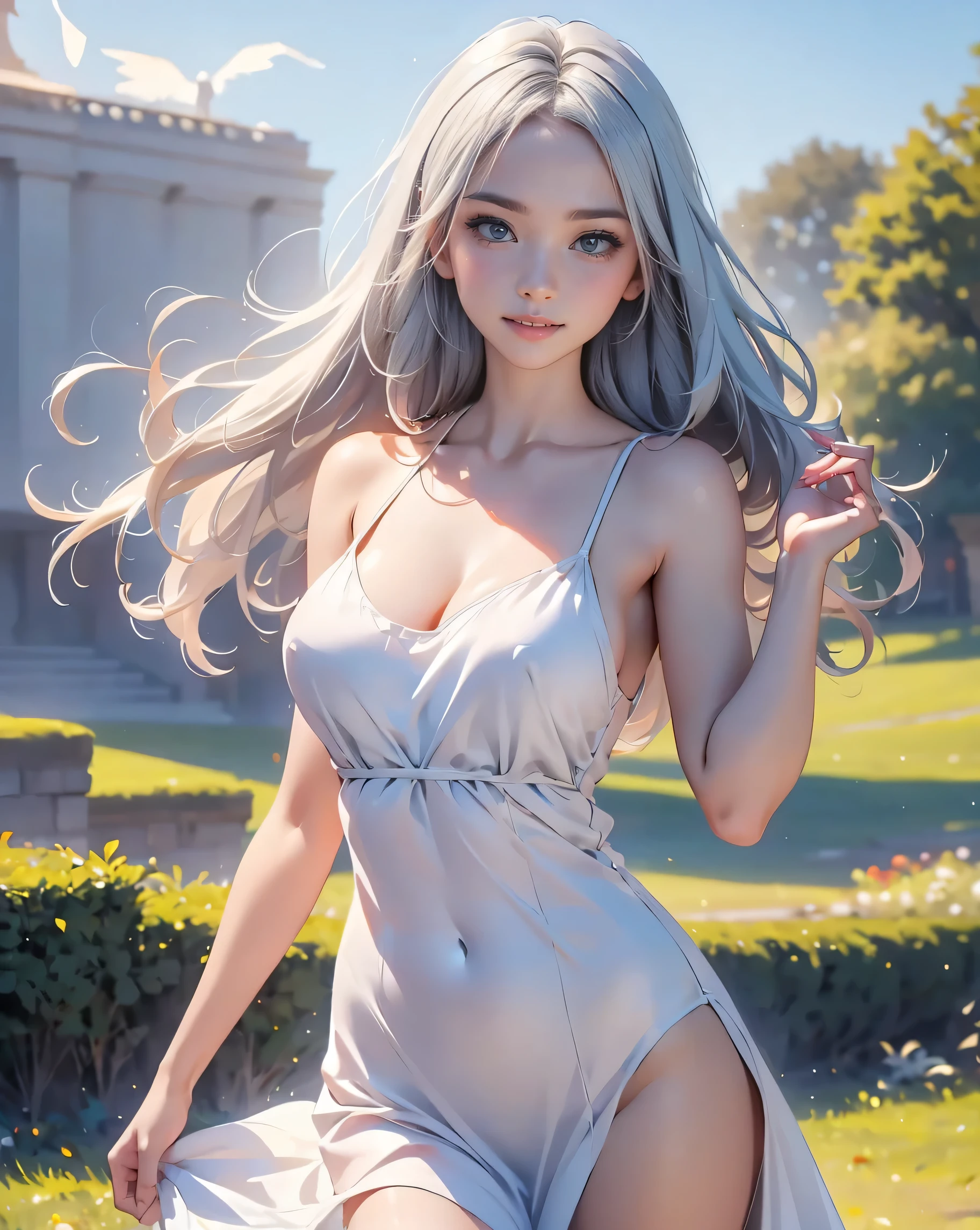 Silver haired woman in dress, 1woman, solo, yellow sundress, photorealistic, realism, realistic, human, arms behind head